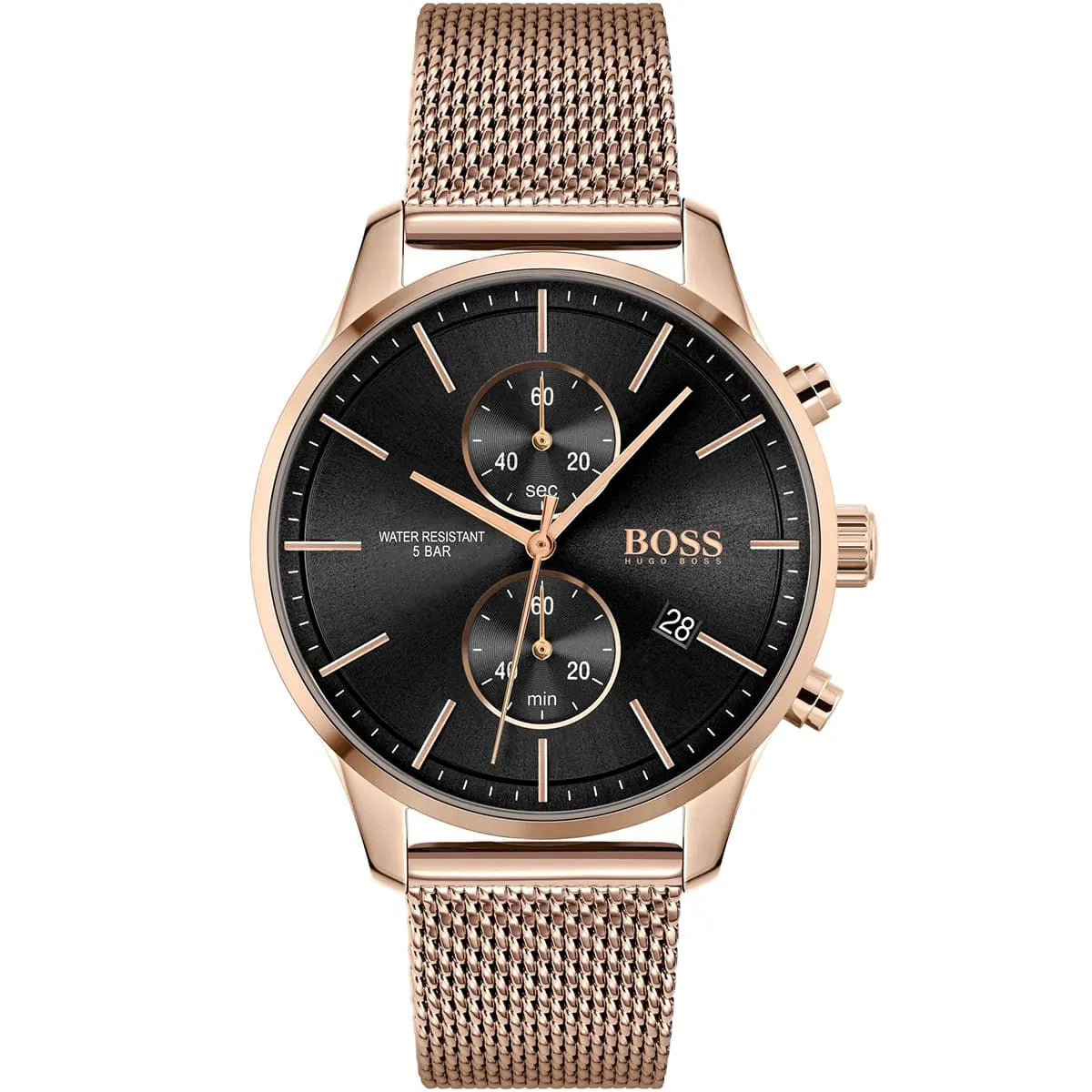 Hugo Boss Associate 1513806 42mm Men’s Chronograph Watch – Black Dial & Rose Gold Mesh Bracelet