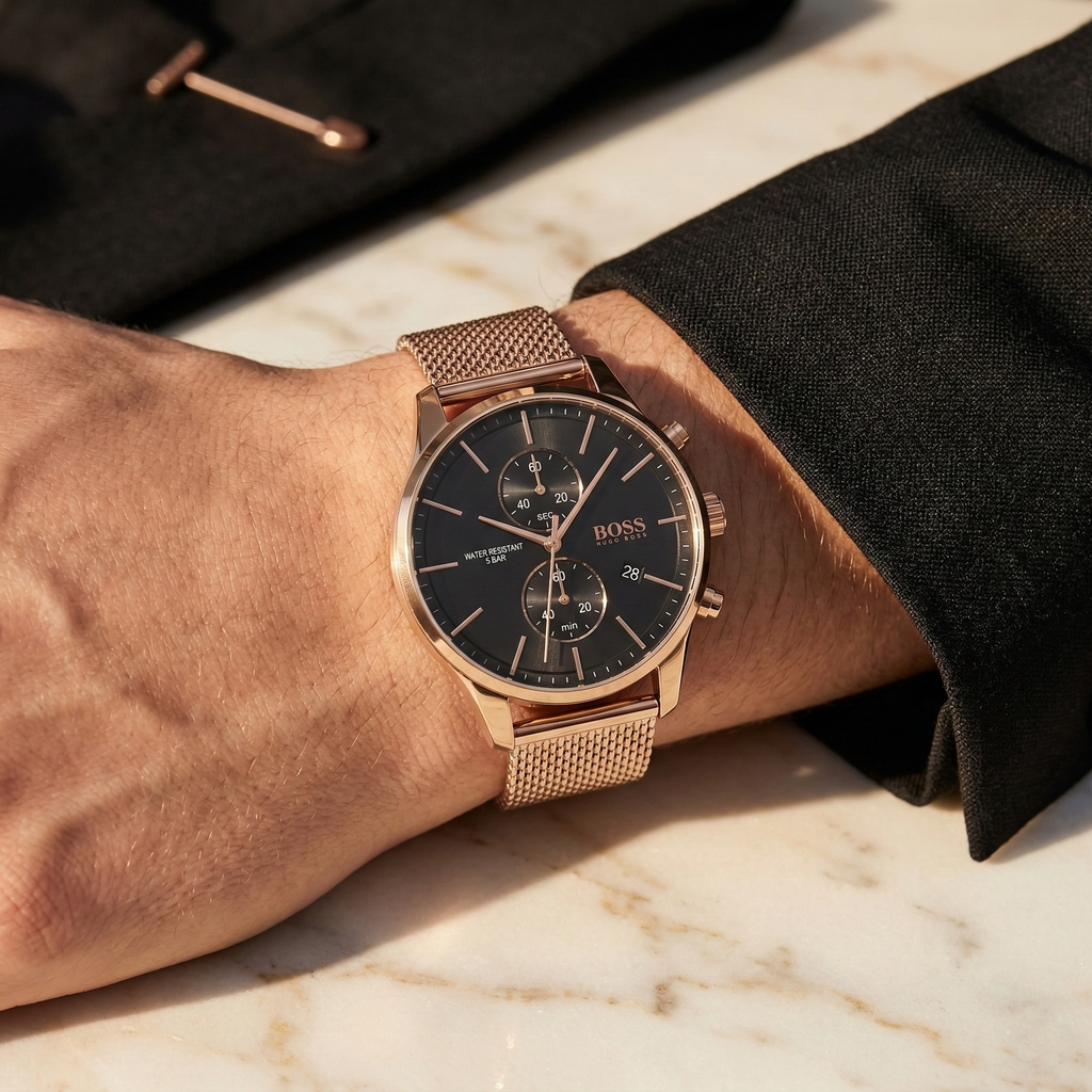 Hugo Boss Associate 1513806 42mm Men’s Chronograph Watch – Black Dial & Rose Gold Mesh Bracelet