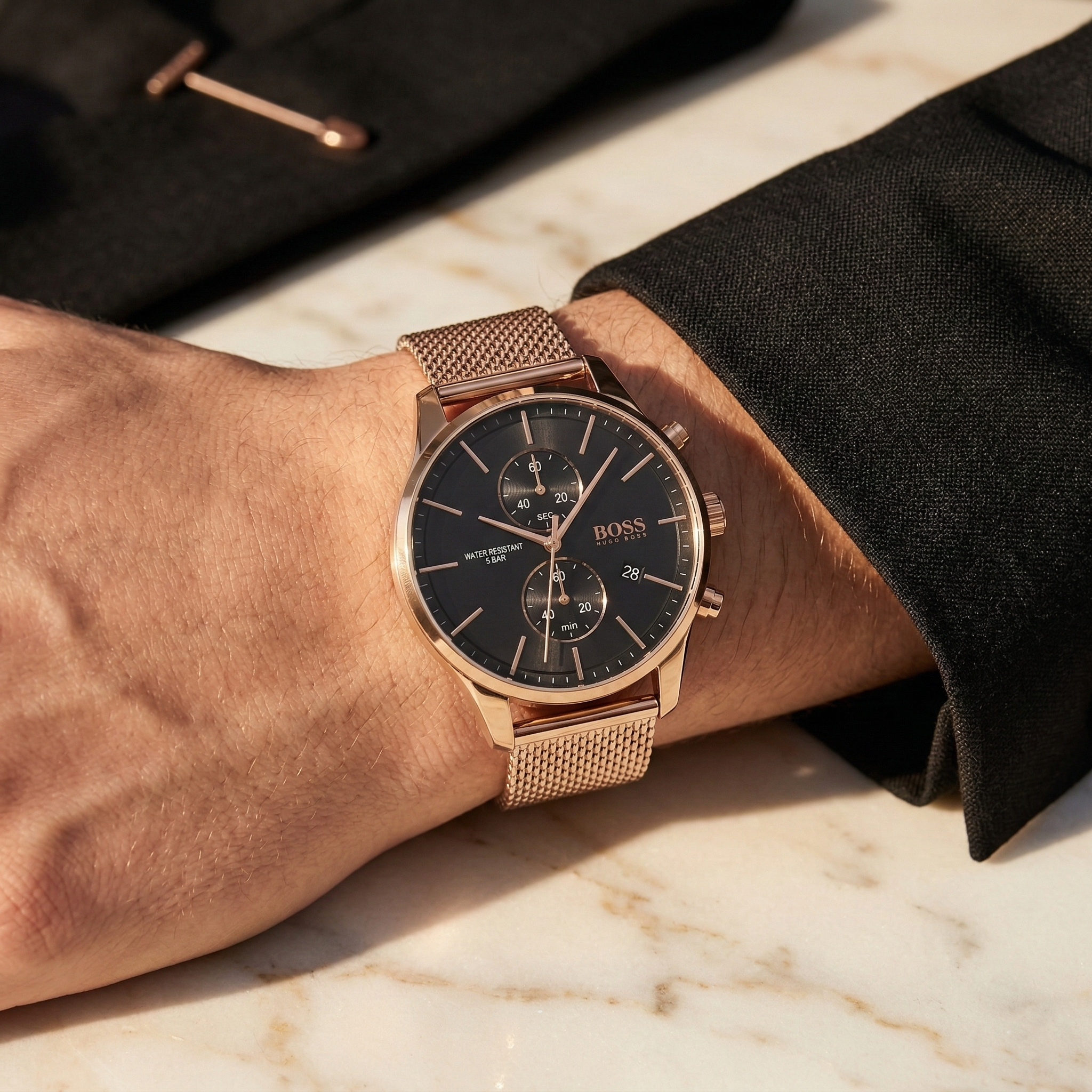 Hugo Boss Associate 1513806 42mm Men’s Chronograph Watch – Black Dial & Rose Gold Mesh Bracelet