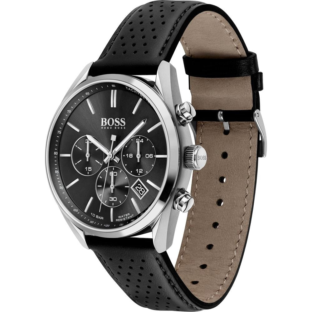 Hugo Boss Champion 1513816 44mm Men’s Chronograph Watch – Black Dial & Genuine Leather Strap