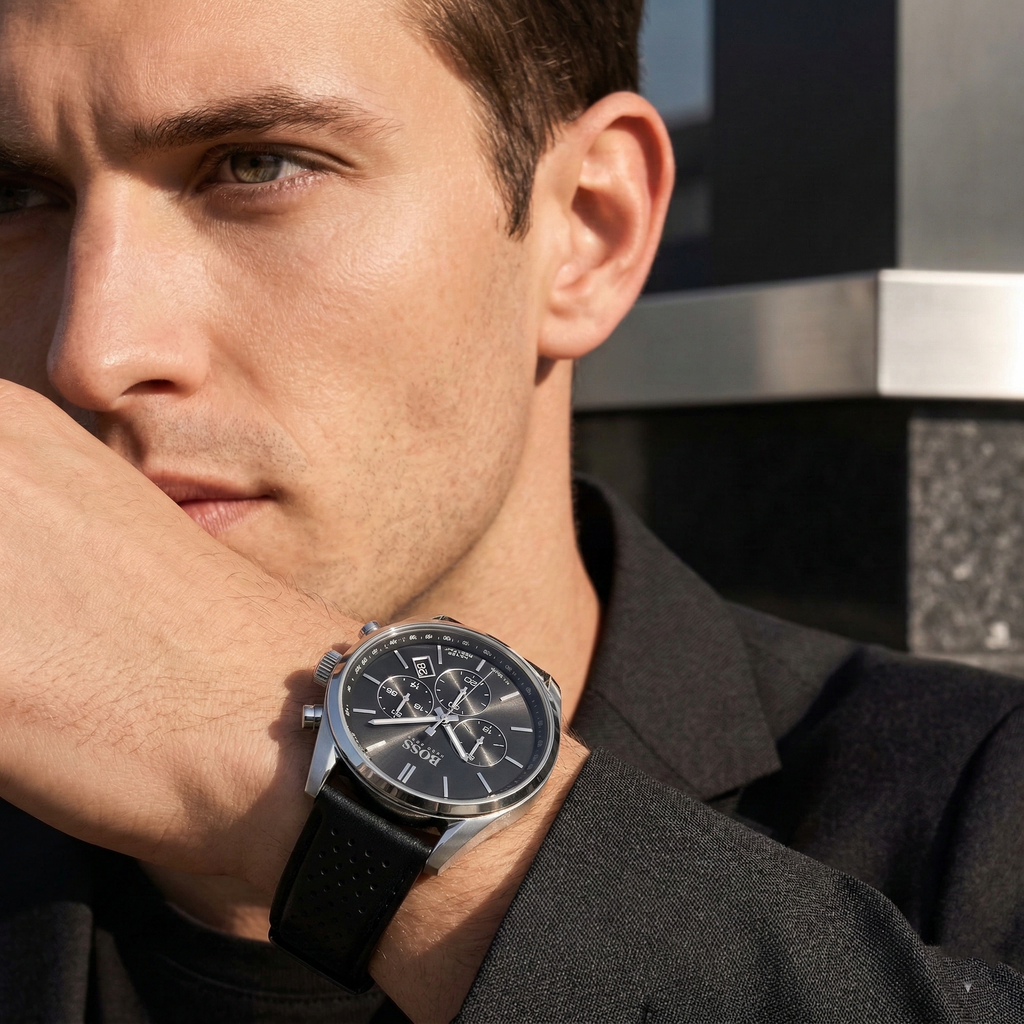 Hugo Boss Champion 1513816 44mm Men’s Chronograph Watch – Black Dial & Genuine Leather Strap