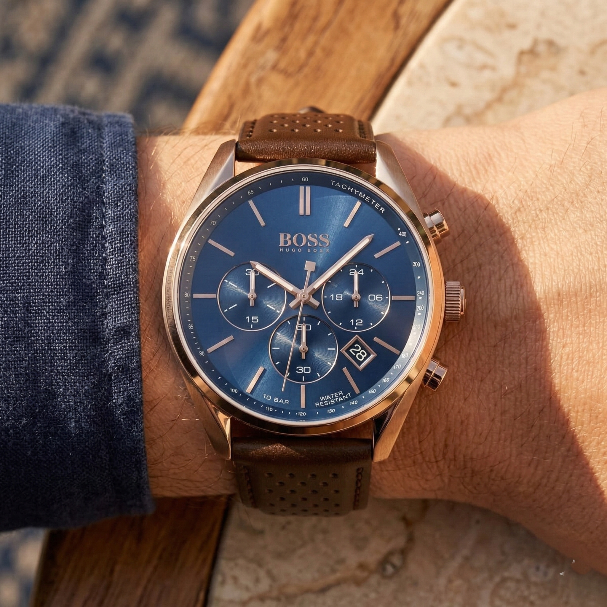 Hugo Boss Champion 1513817 44mm Men’s Chronograph Watch – Blue Dial & Genuine Leather Strap