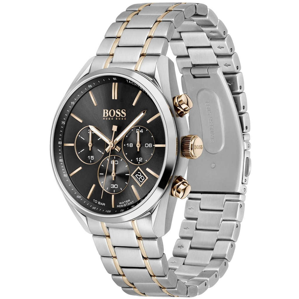 Hugo Boss Champion 1513819 44mm Men’s Chronograph Watch – Black Dial & Rose Gold Stainless Steel Link Bracelet