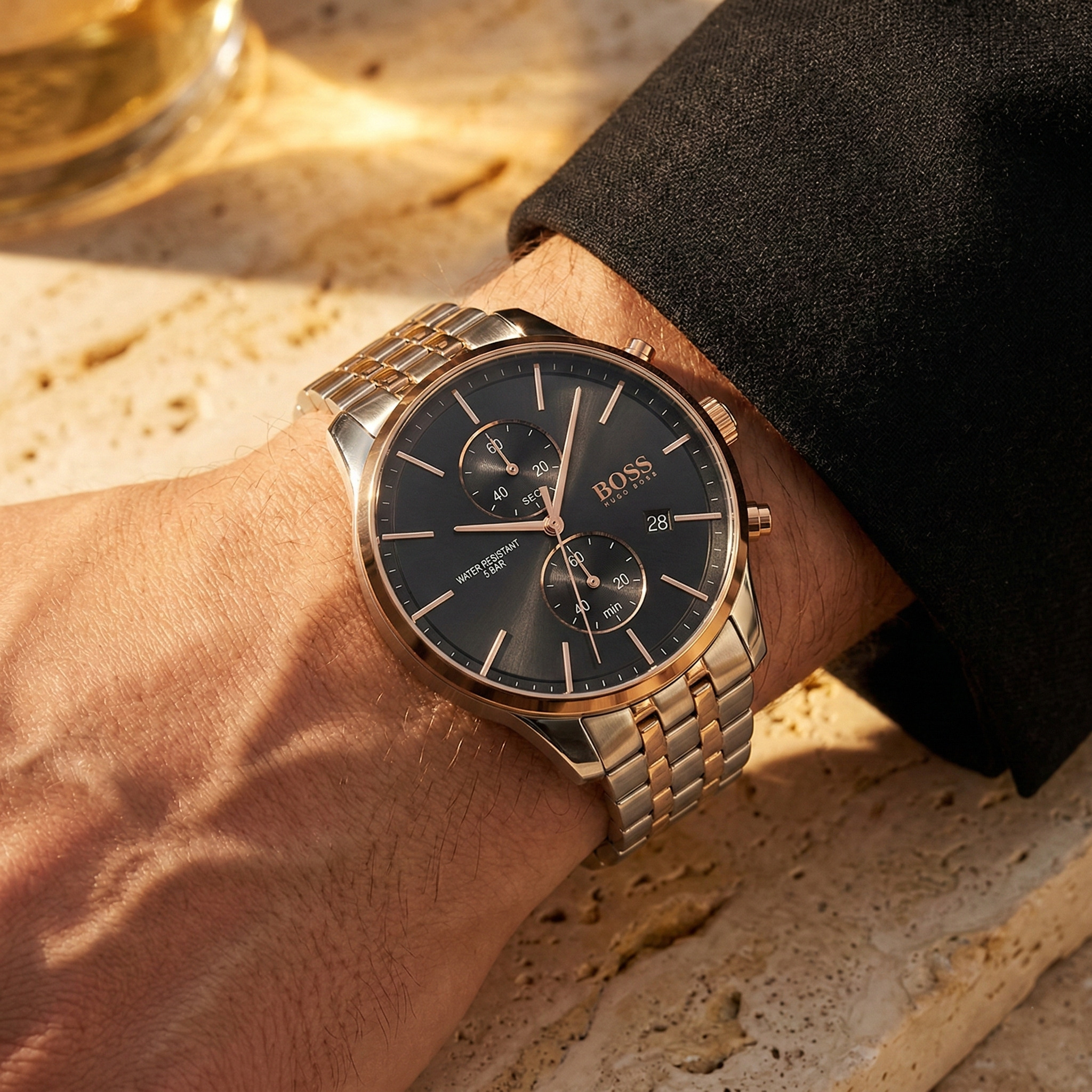 Hugo Boss Associate 1513840 42mm Men’s Chronograph Watch – Black Dial & Rose Gold Stainless Steel Link Bracelet