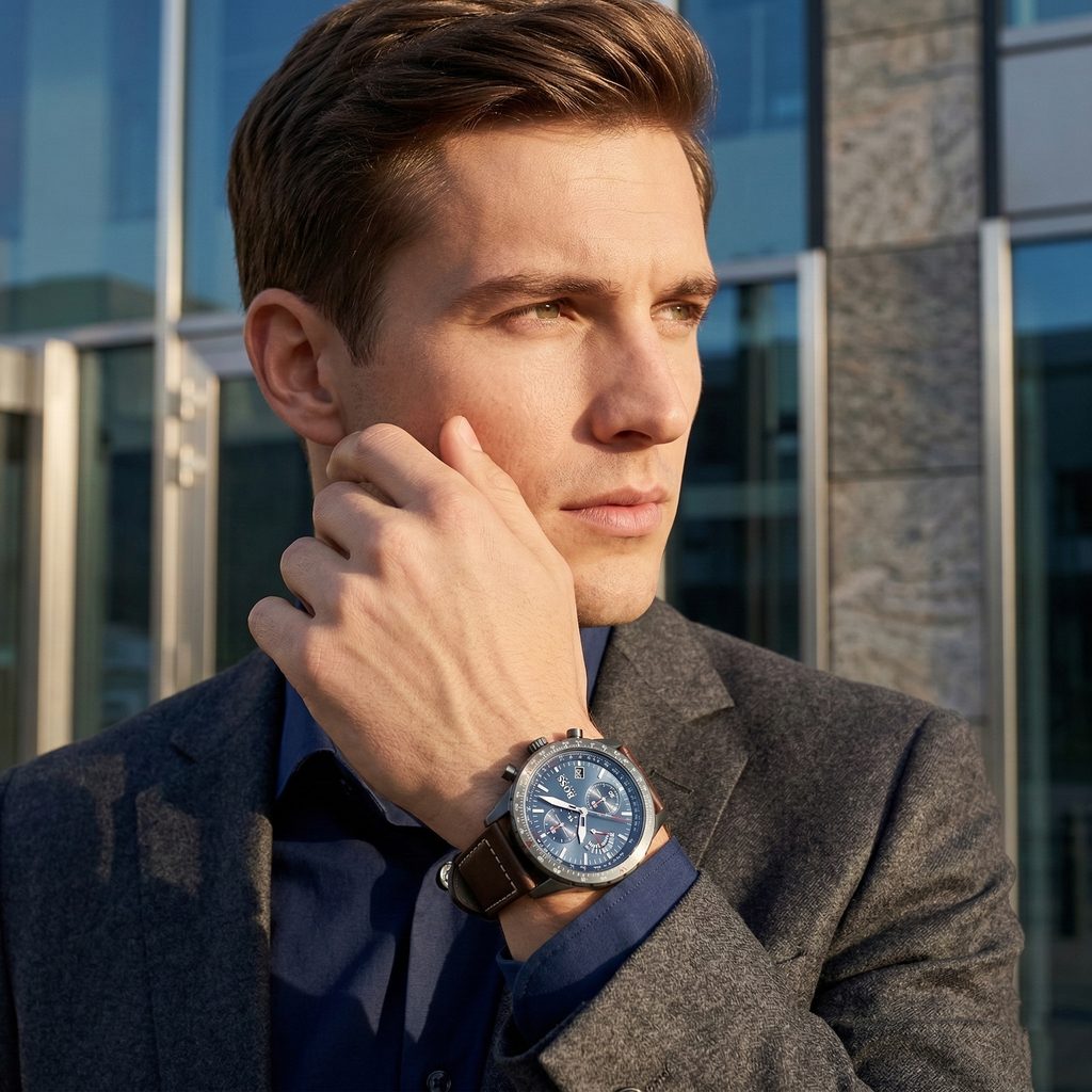 Hugo Boss Pilot Edition 1513852 44mm Men’s Chronograph Watch – Blue Dial & Brown Genuine Leather Strap