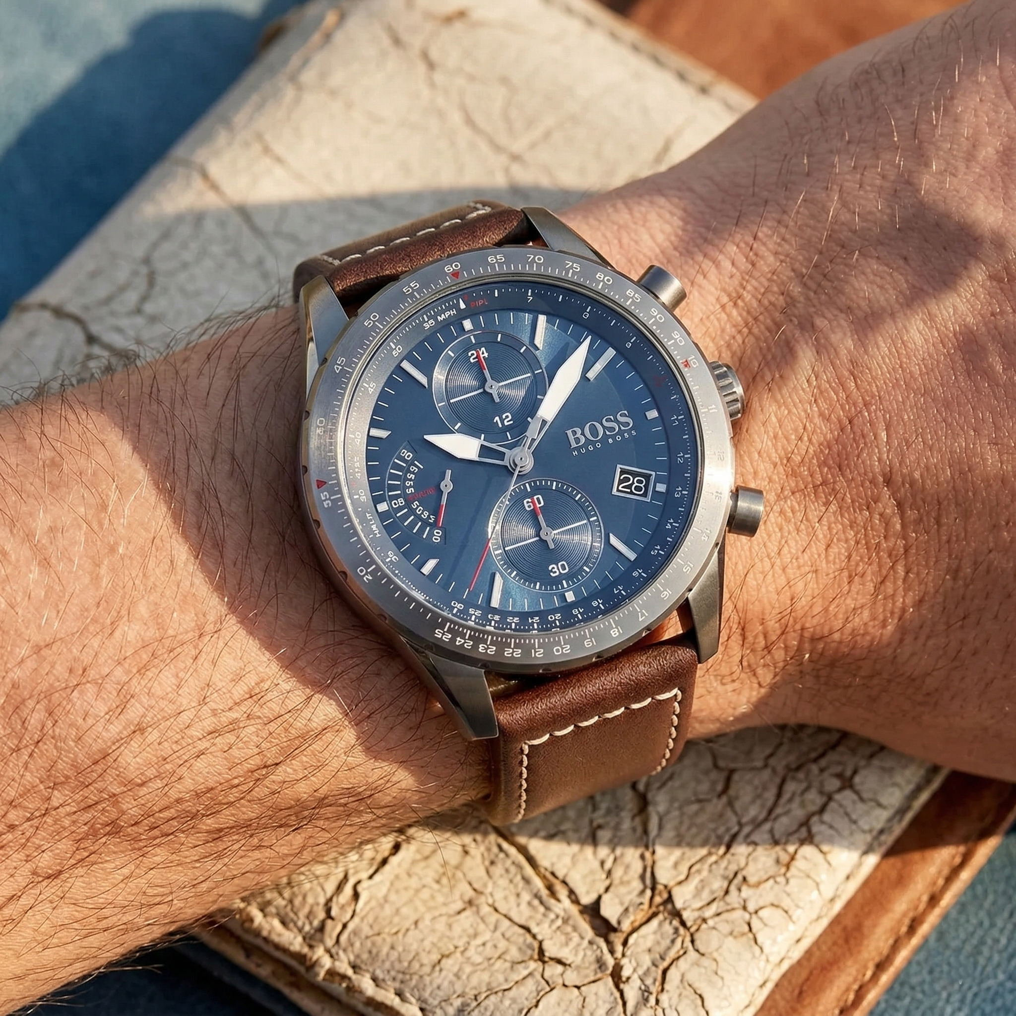 Hugo Boss Pilot Edition 1513852 44mm Men’s Chronograph Watch – Blue Dial & Brown Genuine Leather Strap