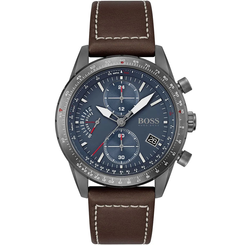 Hugo Boss Pilot Edition 1513852 44mm Men’s Chronograph Watch – Blue Dial & Brown Genuine Leather Strap