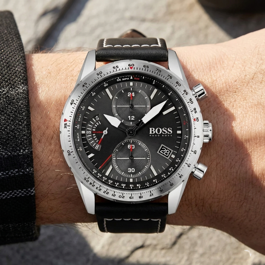 Hugo Boss Pilot Edition 1513853 44mm Men’s Chronograph Watch – Black Dial & Black Genuine Leather Strap