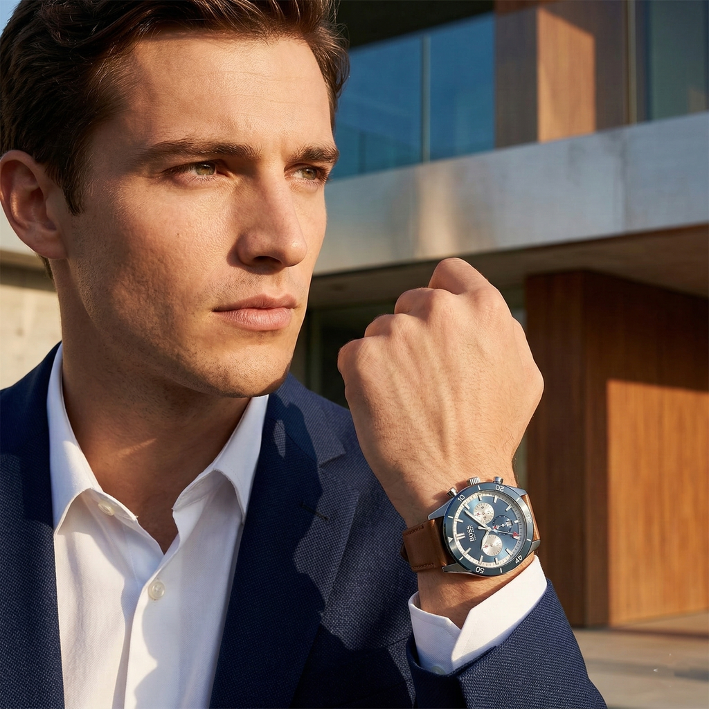 Hugo Boss Santiago 1513860 44mm Men’s Chronograph Watch – Blue Dial & Brown Genuine Leather Strap