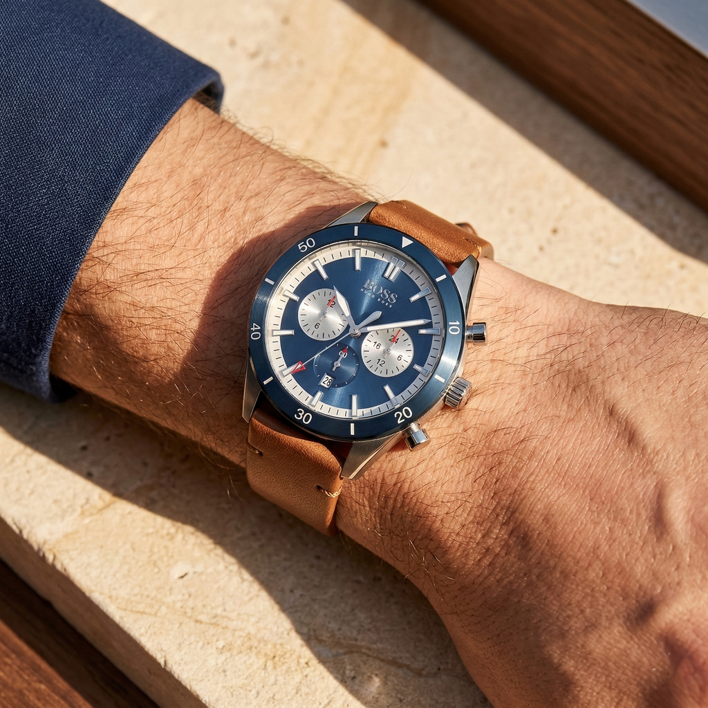 Hugo Boss Santiago 1513860 44mm Men’s Chronograph Watch – Blue Dial & Brown Genuine Leather Strap