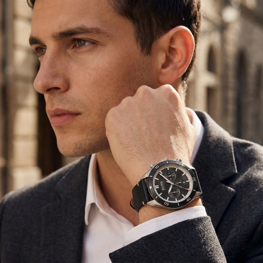 Hugo Boss Santiago 1513864 44mm Men’s Chronograph Watch – Black Dial & Black Genuine Leather Strap