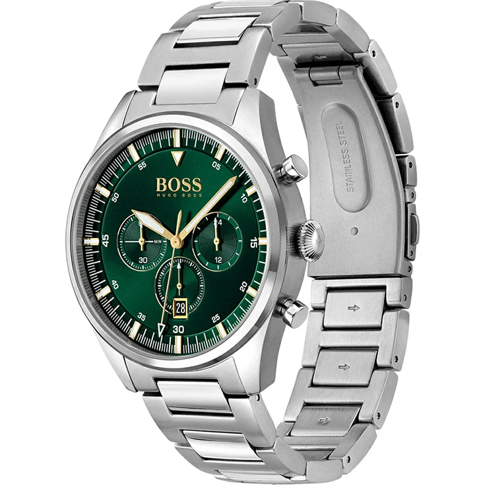 Hugo Boss Pioneer 1513868 44mm Men’s Chronograph Watch – Green Dial & Silver-tone Stainless Steel Link Bracelet
