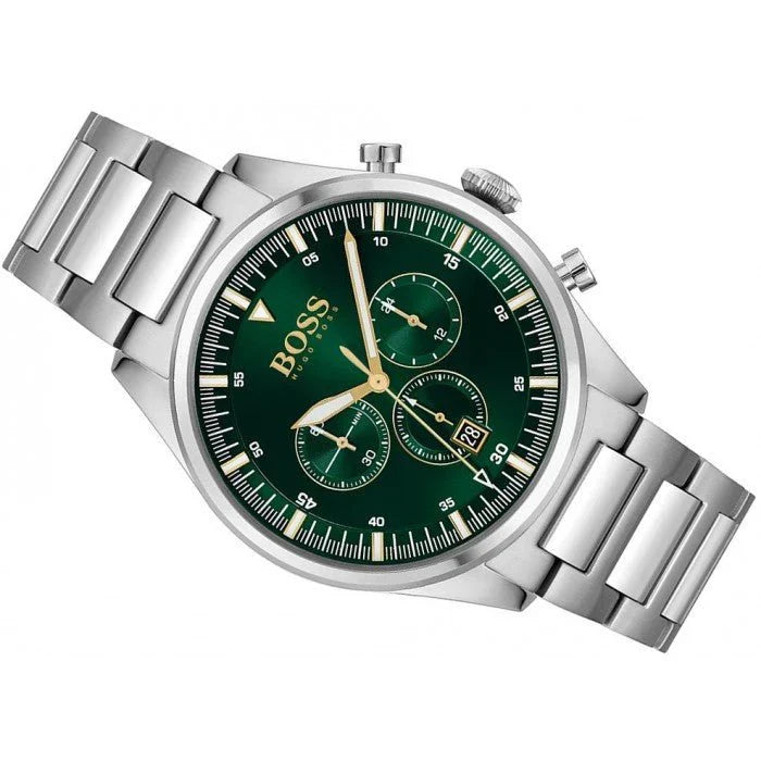 Hugo Boss Pioneer 1513868 44mm Men’s Chronograph Watch – Green Dial & Silver-tone Stainless Steel Link Bracelet