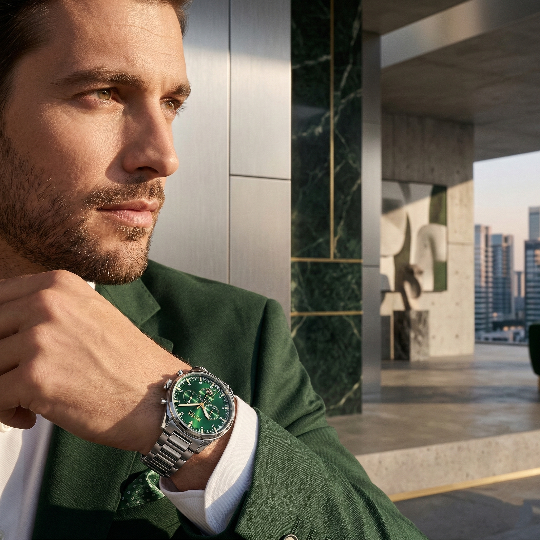 Hugo Boss Pioneer 1513868 44mm Men’s Chronograph Watch – Green Dial & Silver-tone Stainless Steel Link Bracelet