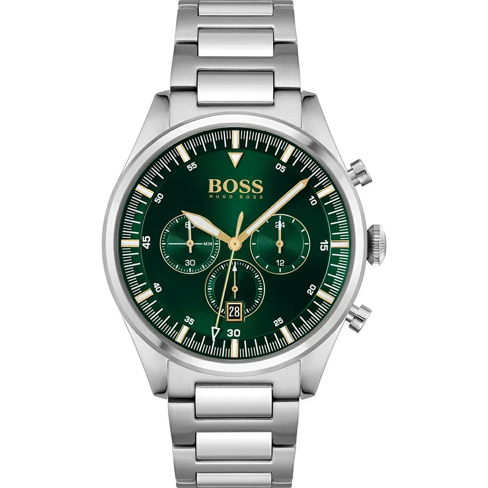 Hugo Boss Pioneer 1513868 44mm Men’s Chronograph Watch – Green Dial & Silver-tone Stainless Steel Link Bracelet