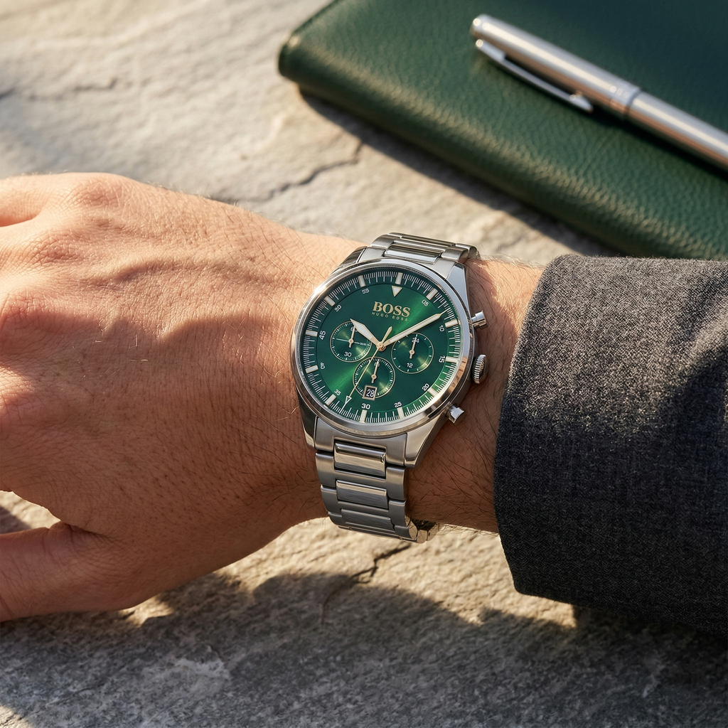 Hugo Boss Pioneer 1513868 44mm Men’s Chronograph Watch – Green Dial & Silver-tone Stainless Steel Link Bracelet