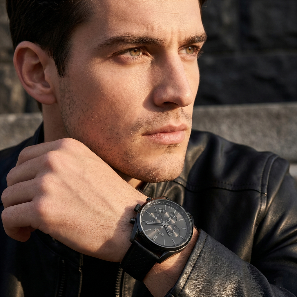 Hugo Boss Champion 1513880 44mm Men’s Chronograph Watch – Black Dial & Genuine Leather Strap