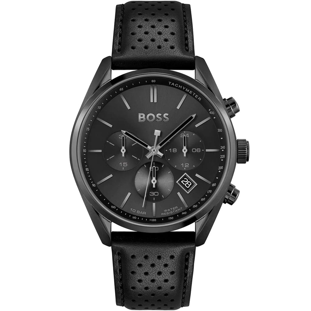 Hugo Boss Champion 1513880 44mm Men’s Chronograph Watch – Black Dial & Genuine Leather Strap