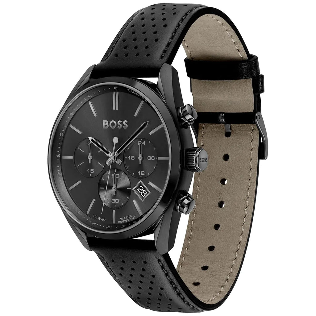 Hugo Boss Champion 1513880 44mm Men’s Chronograph Watch – Black Dial & Genuine Leather Strap