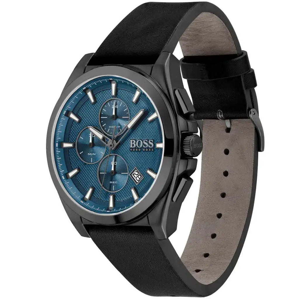 Hugo Boss Grandmaster 1513883 46mm Men’s Chronograph Watch – Blue Textured Dial & Black Genuine Leather Strap