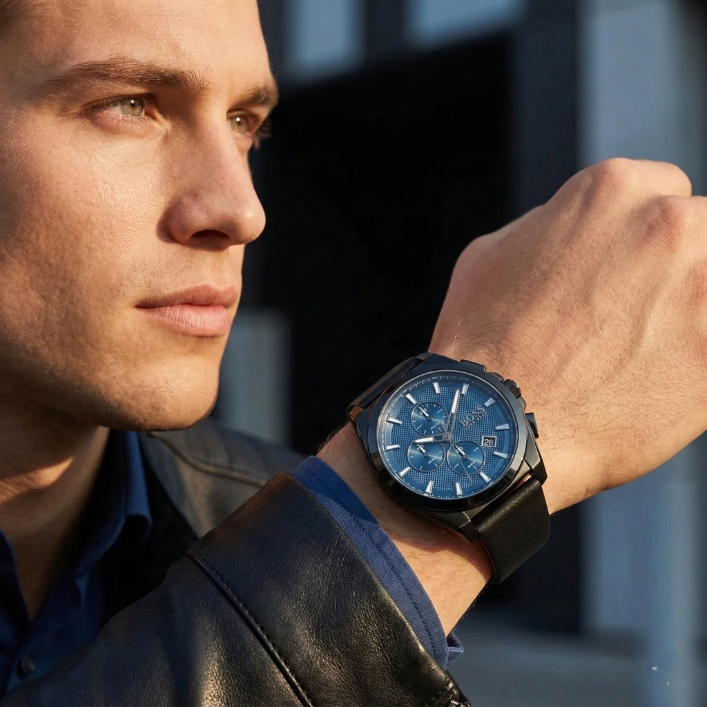 Hugo Boss Grandmaster 1513883 46mm Men’s Chronograph Watch – Blue Textured Dial & Black Genuine Leather Strap