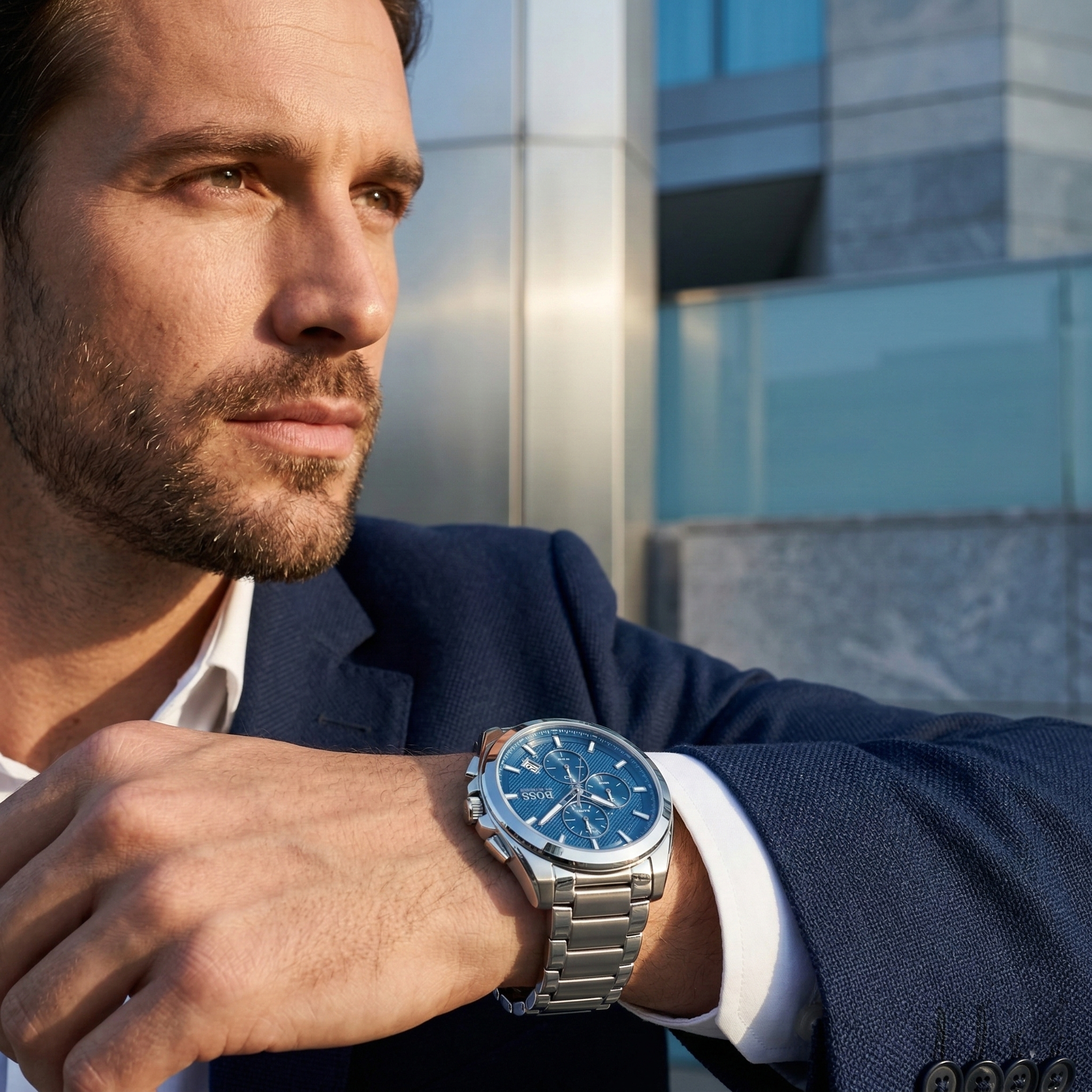 Hugo Boss Grandmaster 1513884 46mm Men’s Chronograph Watch – Blue Dial & Silver-tone Stainless Steel Link Bracelet