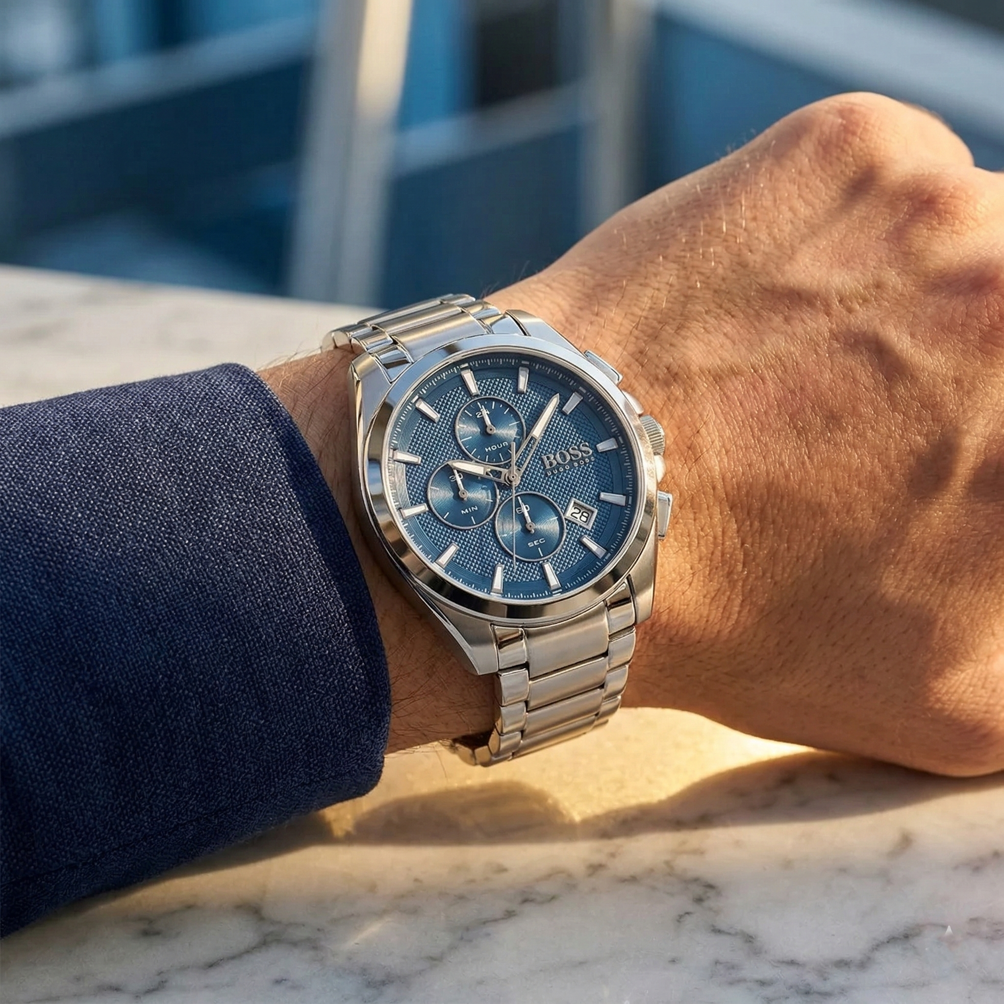 Hugo Boss Grandmaster 1513884 46mm Men’s Chronograph Watch – Blue Dial & Silver-tone Stainless Steel Link Bracelet