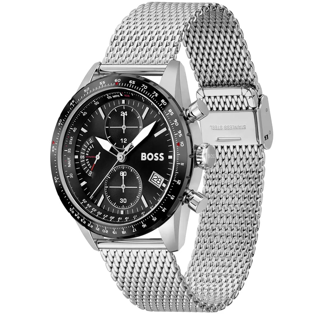 Hugo Boss Pilot Edition 1513886 44mm Men’s Chronograph Watch – Black Dial & Silver Mesh Bracelet