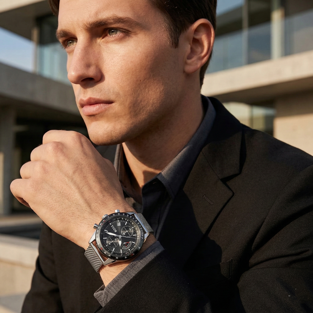 Hugo Boss Pilot Edition 1513886 44mm Men’s Chronograph Watch – Black Dial & Silver Mesh Bracelet