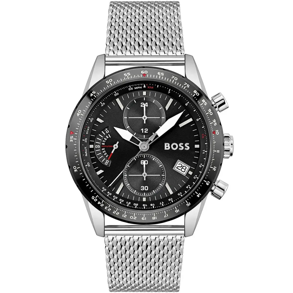 Hugo Boss Pilot Edition 1513886 44mm Men’s Chronograph Watch – Black Dial & Silver Mesh Bracelet