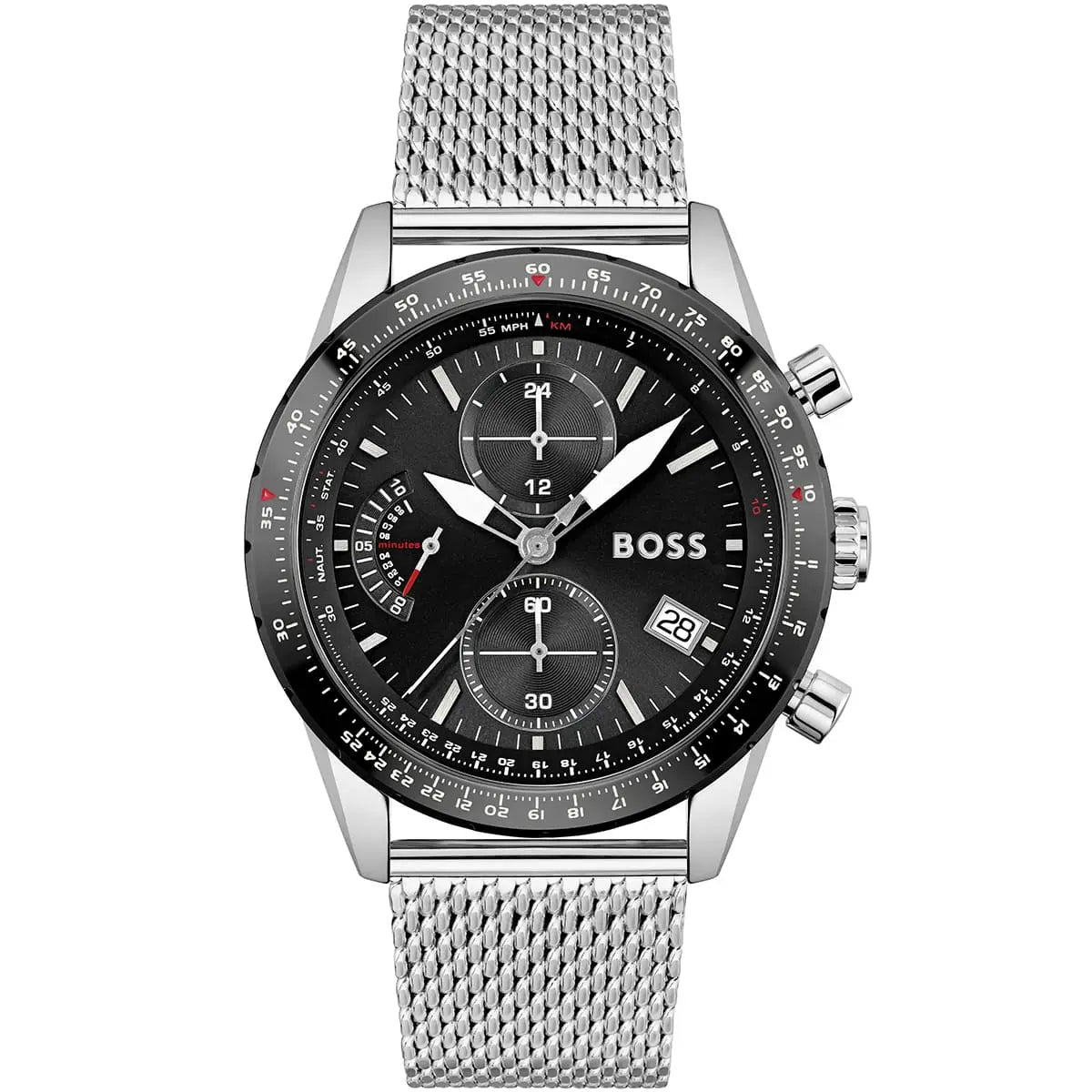 Hugo Boss Pilot Edition 1513886 44mm Men’s Chronograph Watch – Black Dial & Silver Mesh Bracelet