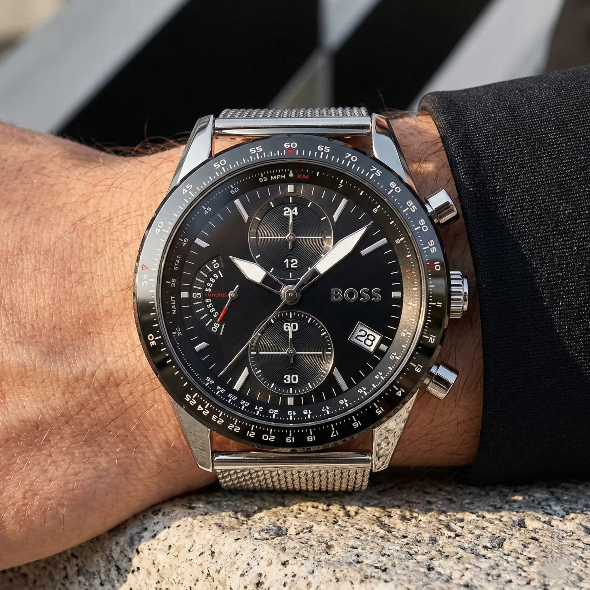 Hugo Boss Pilot Edition 1513886 44mm Men’s Chronograph Watch – Black Dial & Silver Mesh Bracelet
