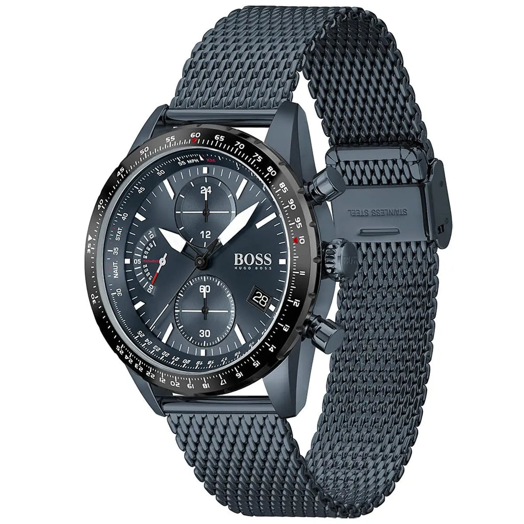 Hugo Boss Pilot Edition 1513887 44mm Men’s Chronograph Watch – Blue Dial & Blue Stainless Steel Mesh Bracelet