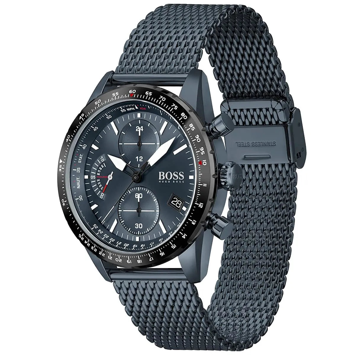 Hugo Boss Pilot Edition 1513887 44mm Men’s Chronograph Watch – Blue Dial & Blue Stainless Steel Mesh Bracelet
