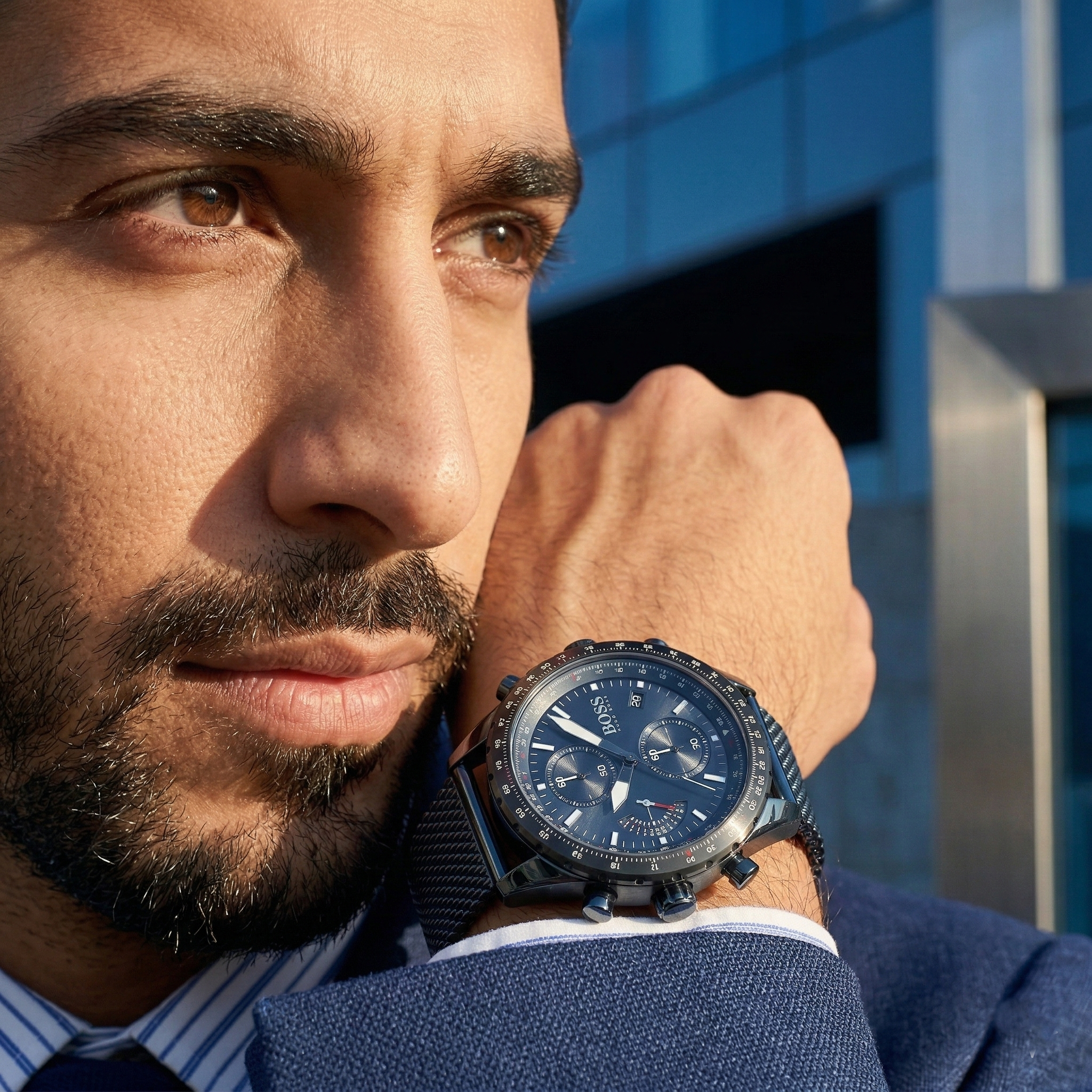 Hugo Boss Pilot Edition 1513887 44mm Men’s Chronograph Watch – Blue Dial & Blue Stainless Steel Mesh Bracelet