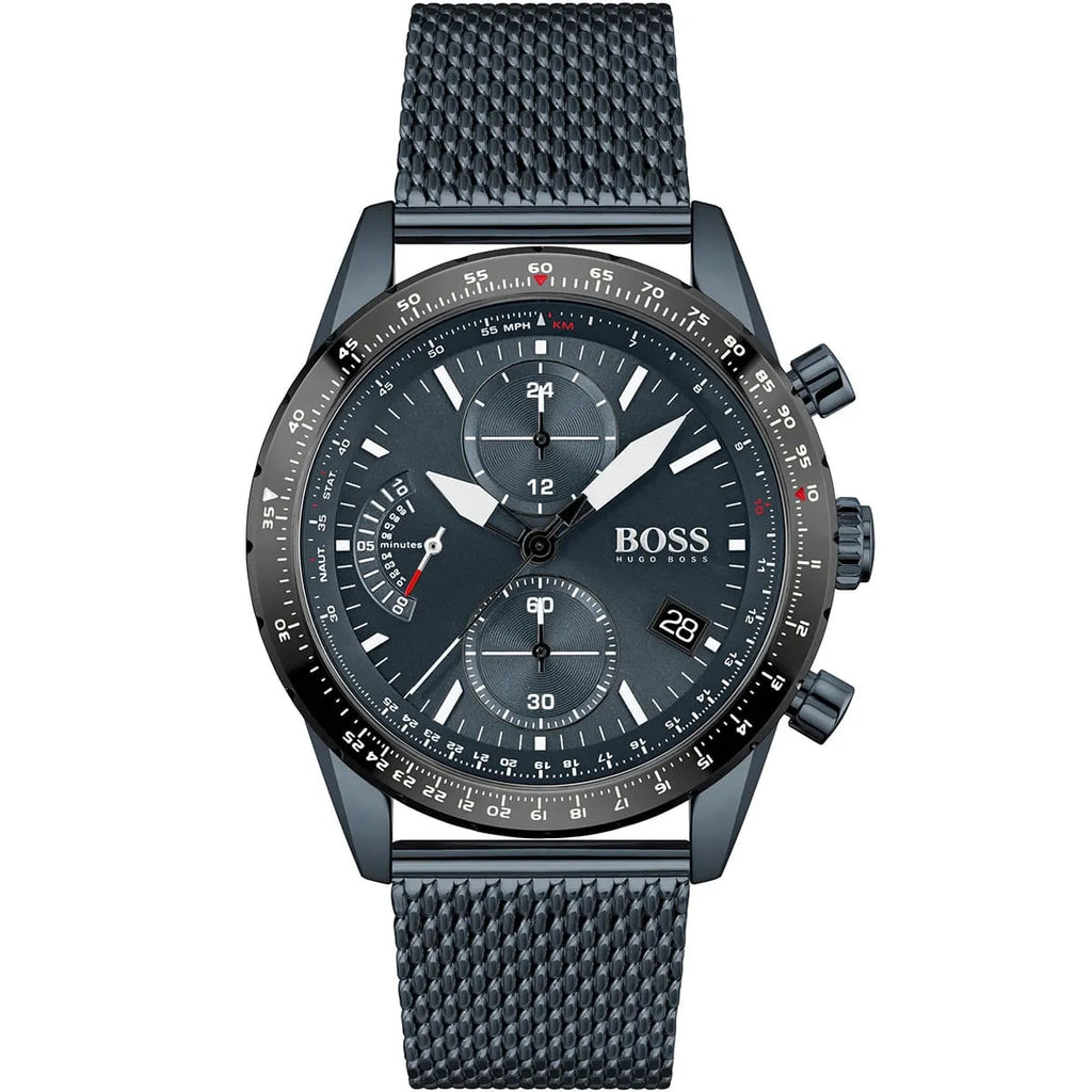 Hugo Boss Pilot Edition 1513887 44mm Men’s Chronograph Watch – Blue Dial & Blue Stainless Steel Mesh Bracelet