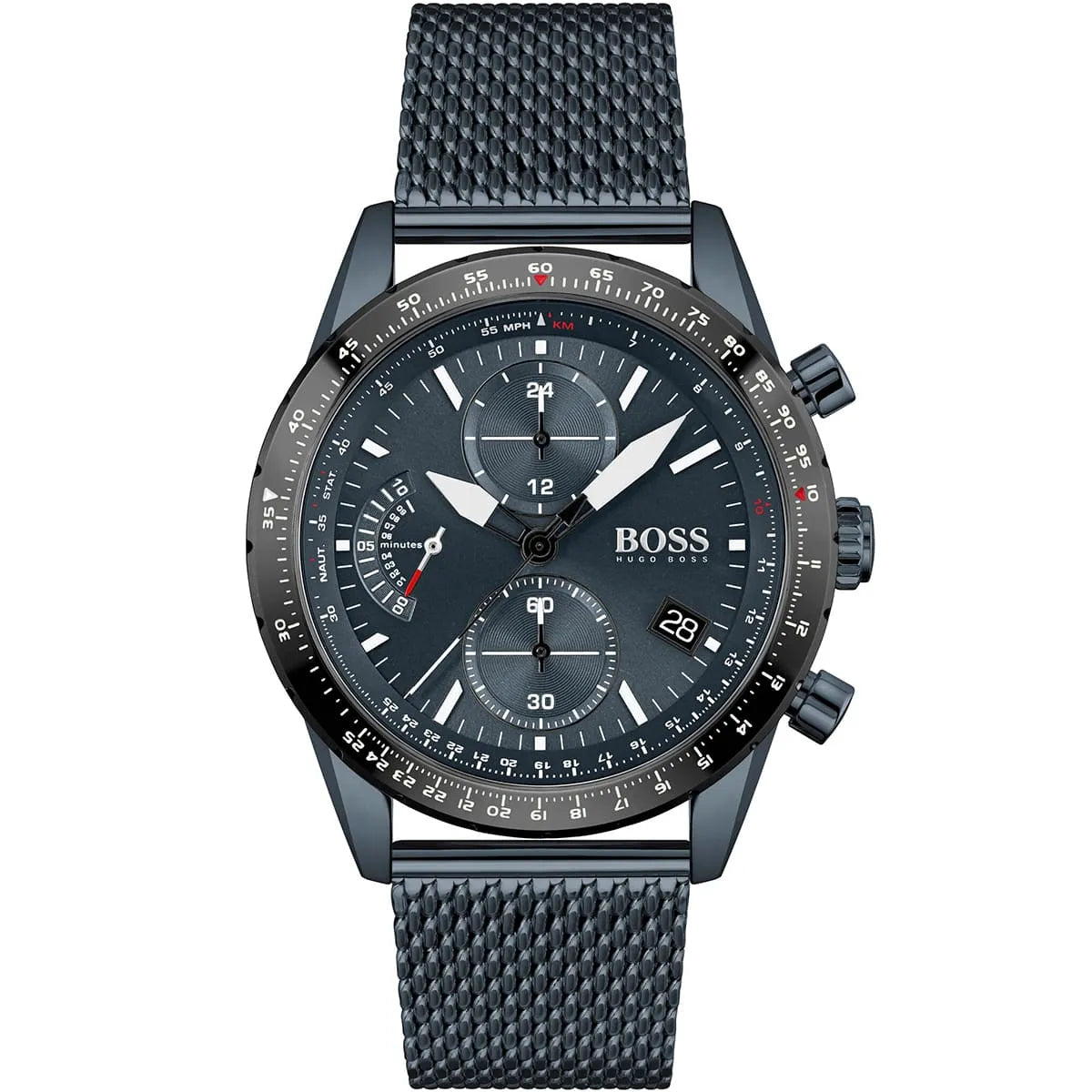 Hugo Boss Pilot Edition 1513887 44mm Men’s Chronograph Watch – Blue Dial & Blue Stainless Steel Mesh Bracelet