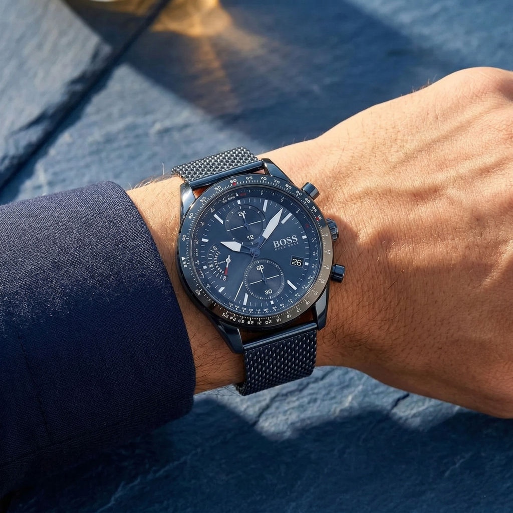 Hugo Boss Pilot Edition 1513887 44mm Men’s Chronograph Watch – Blue Dial & Blue Stainless Steel Mesh Bracelet