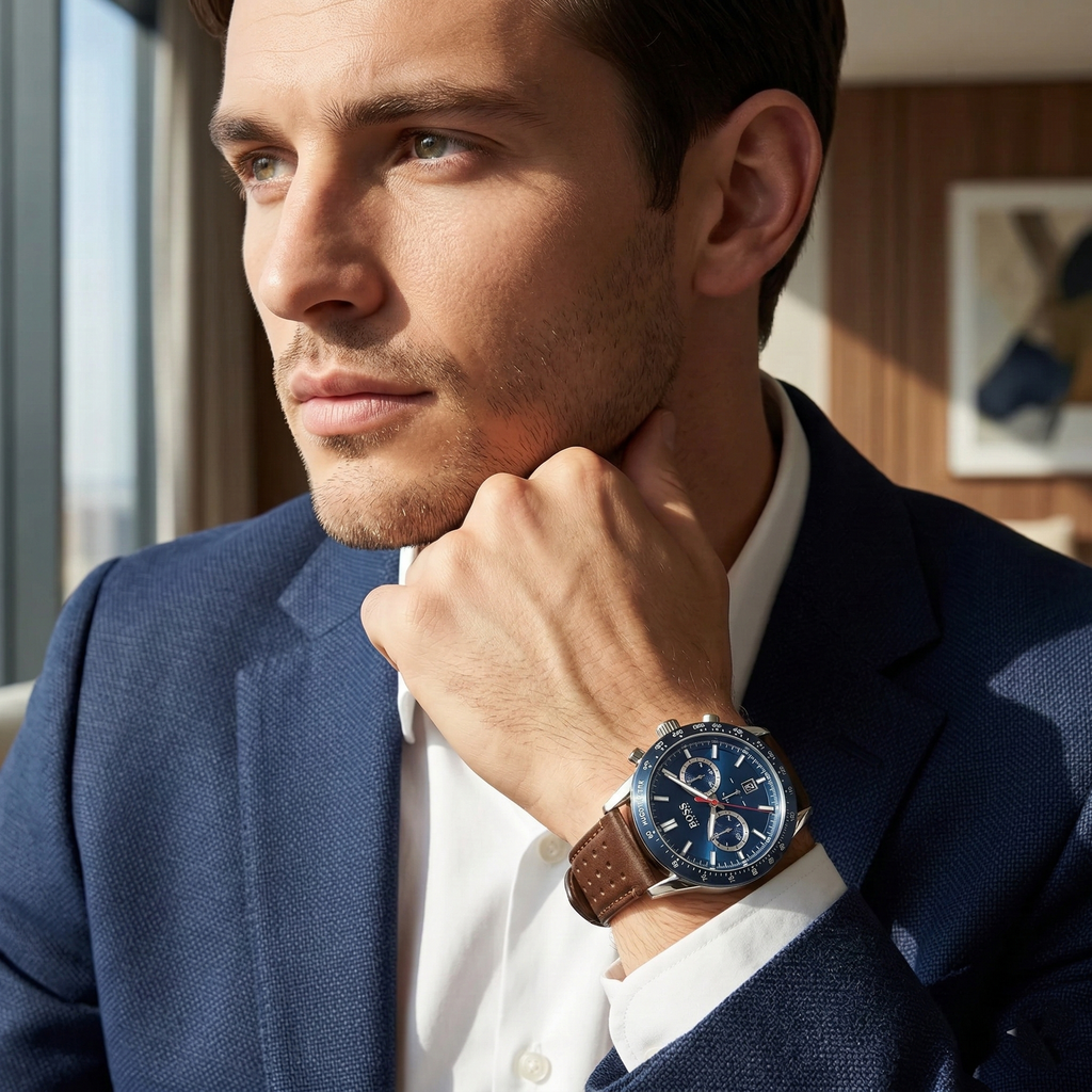 Hugo Boss Allure 1513921 44mm Men’s Chronograph Watch – Blue Dial & Genuine Leather Strap