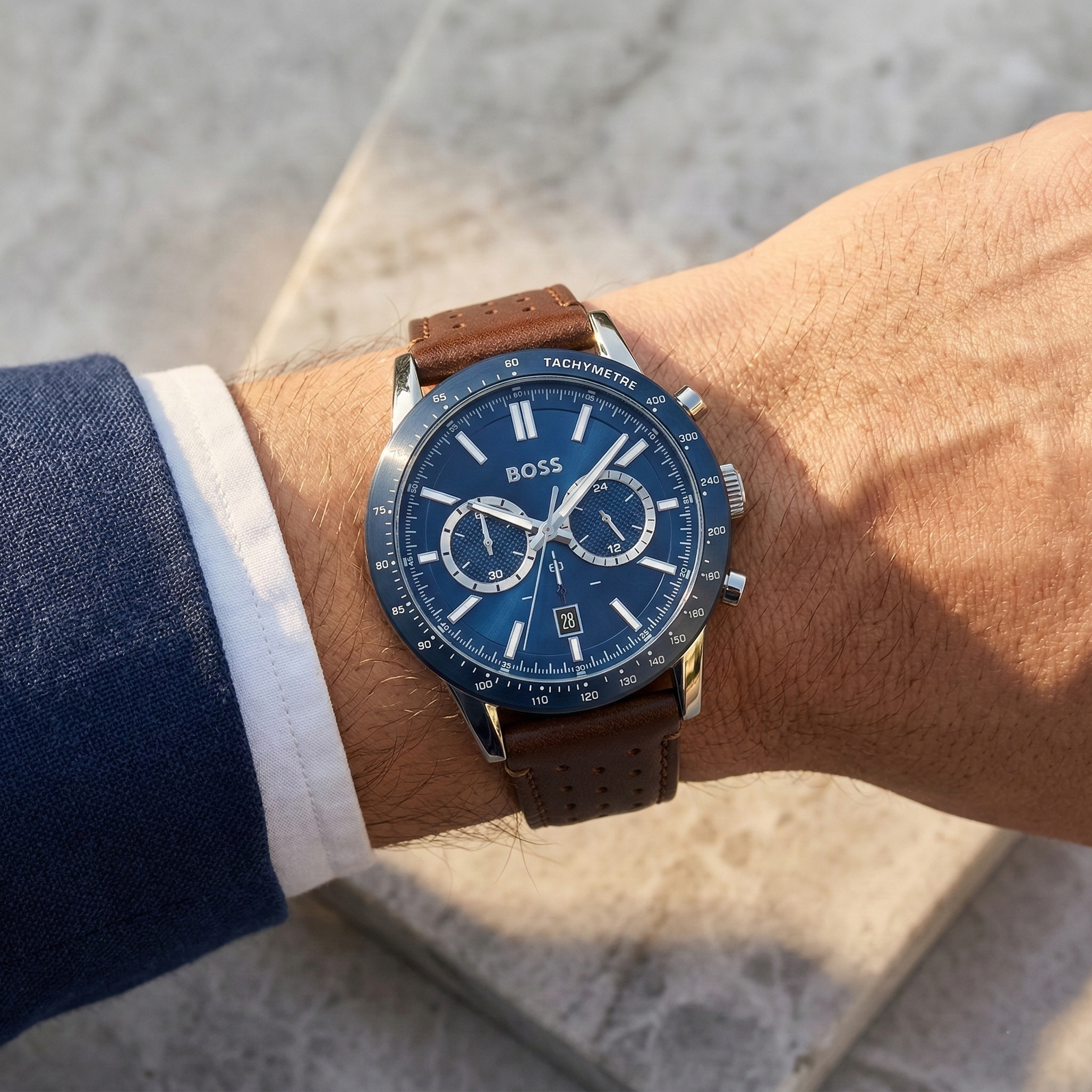 Hugo Boss Allure 1513921 44mm Men’s Chronograph Watch – Blue Dial & Genuine Leather Strap