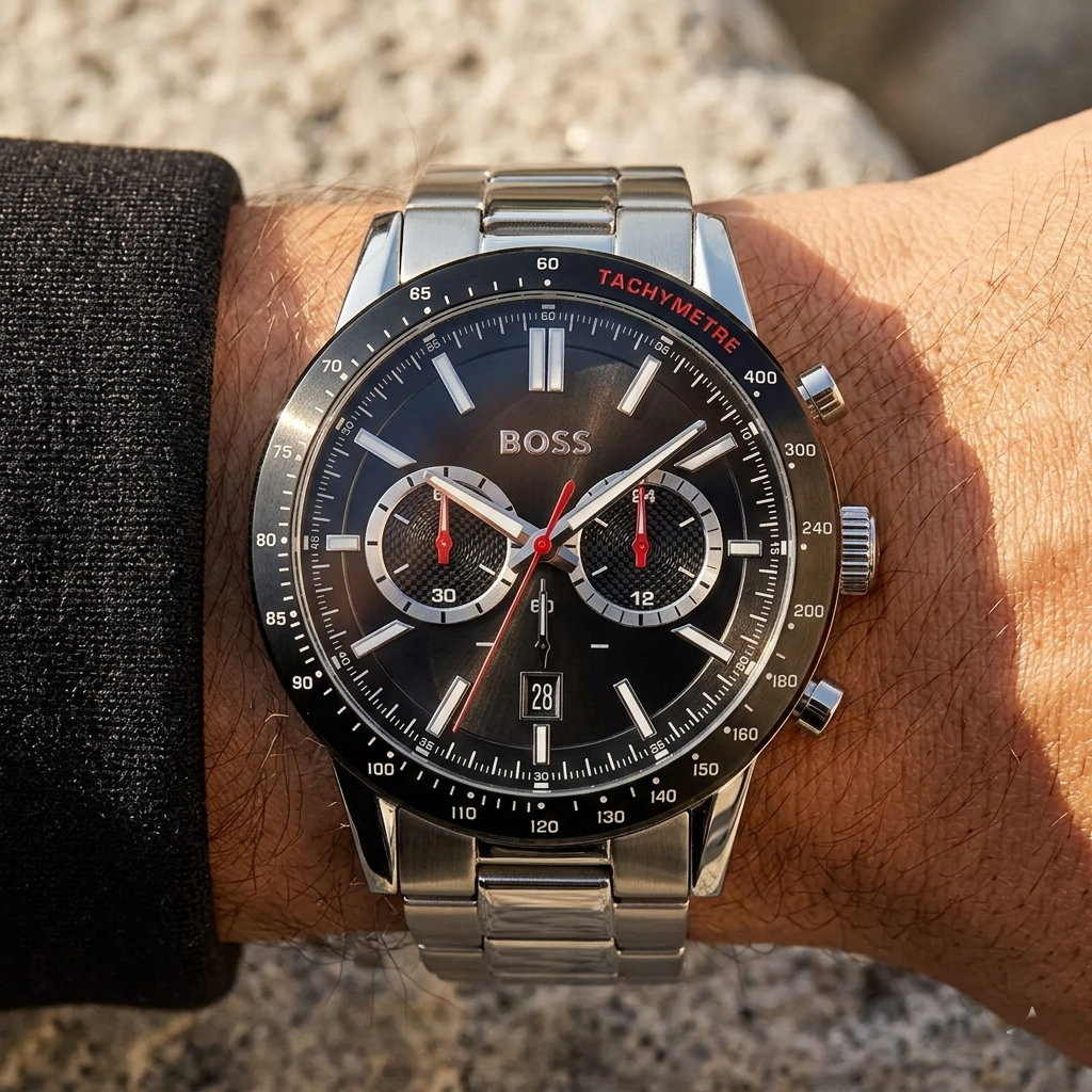 Hugo Boss Allure 1513922 44mm Men’s Chronograph Watch – Black Dial & Silver-tone Stainless Steel Link Bracelet
