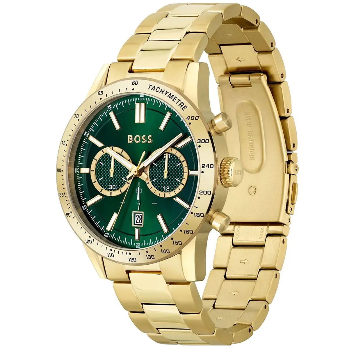 Hugo Boss Allure 1513923 44mm Men’s Chronograph Watch – Green Dial & Gold-tone Stainless Steel Link Bracelet