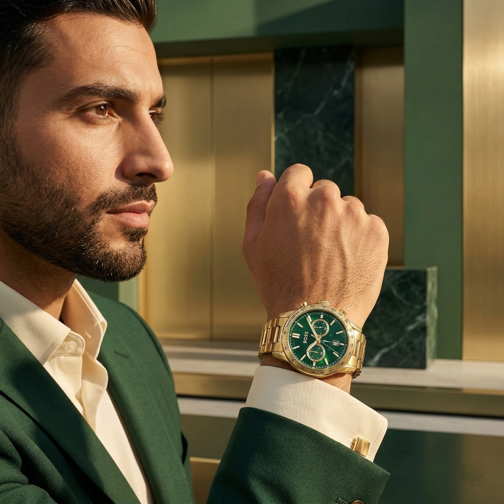 Hugo Boss Allure 1513923 44mm Men’s Chronograph Watch – Green Dial & Gold-tone Stainless Steel Link Bracelet