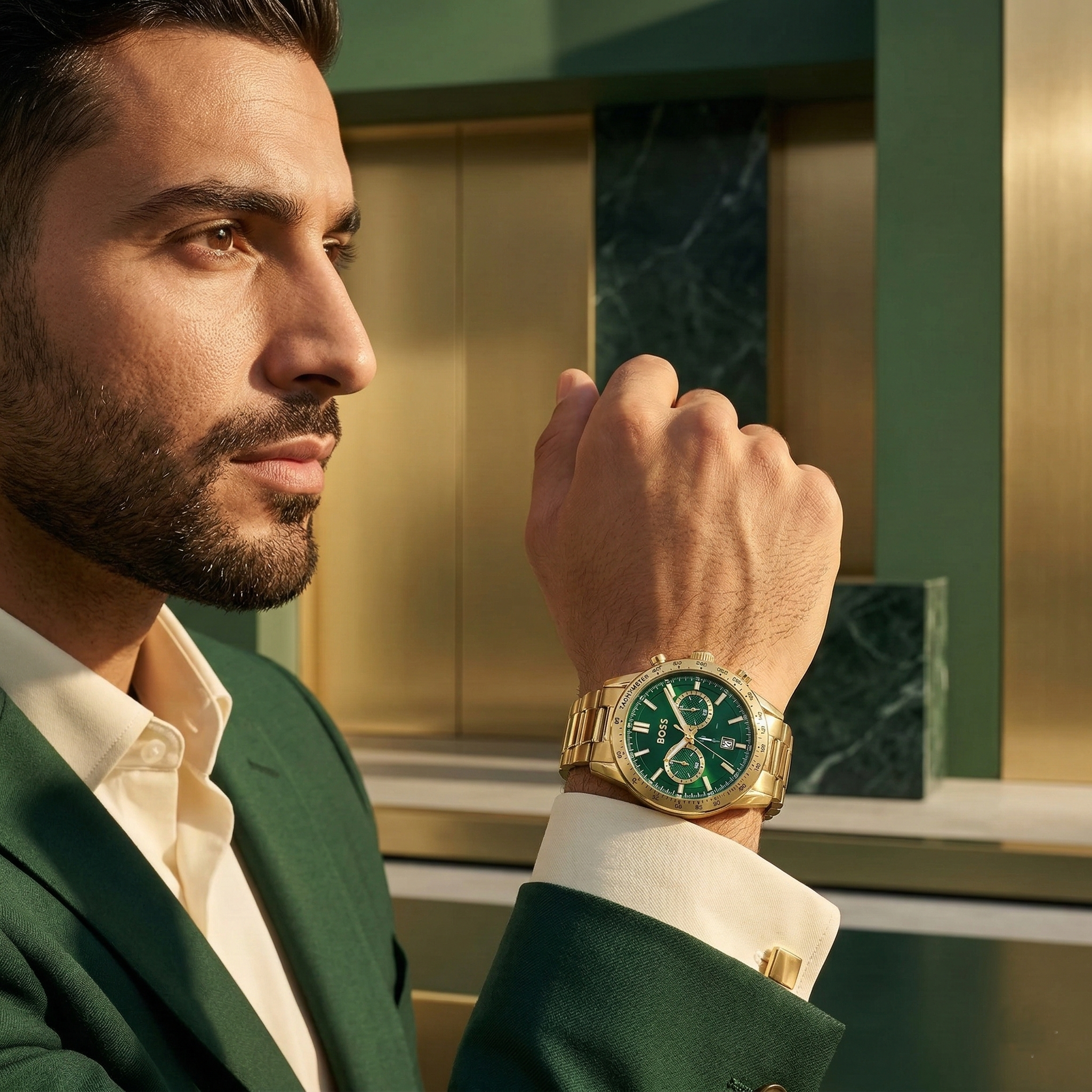 Hugo Boss Allure 1513923 44mm Men’s Chronograph Watch – Green Dial & Gold-tone Stainless Steel Link Bracelet