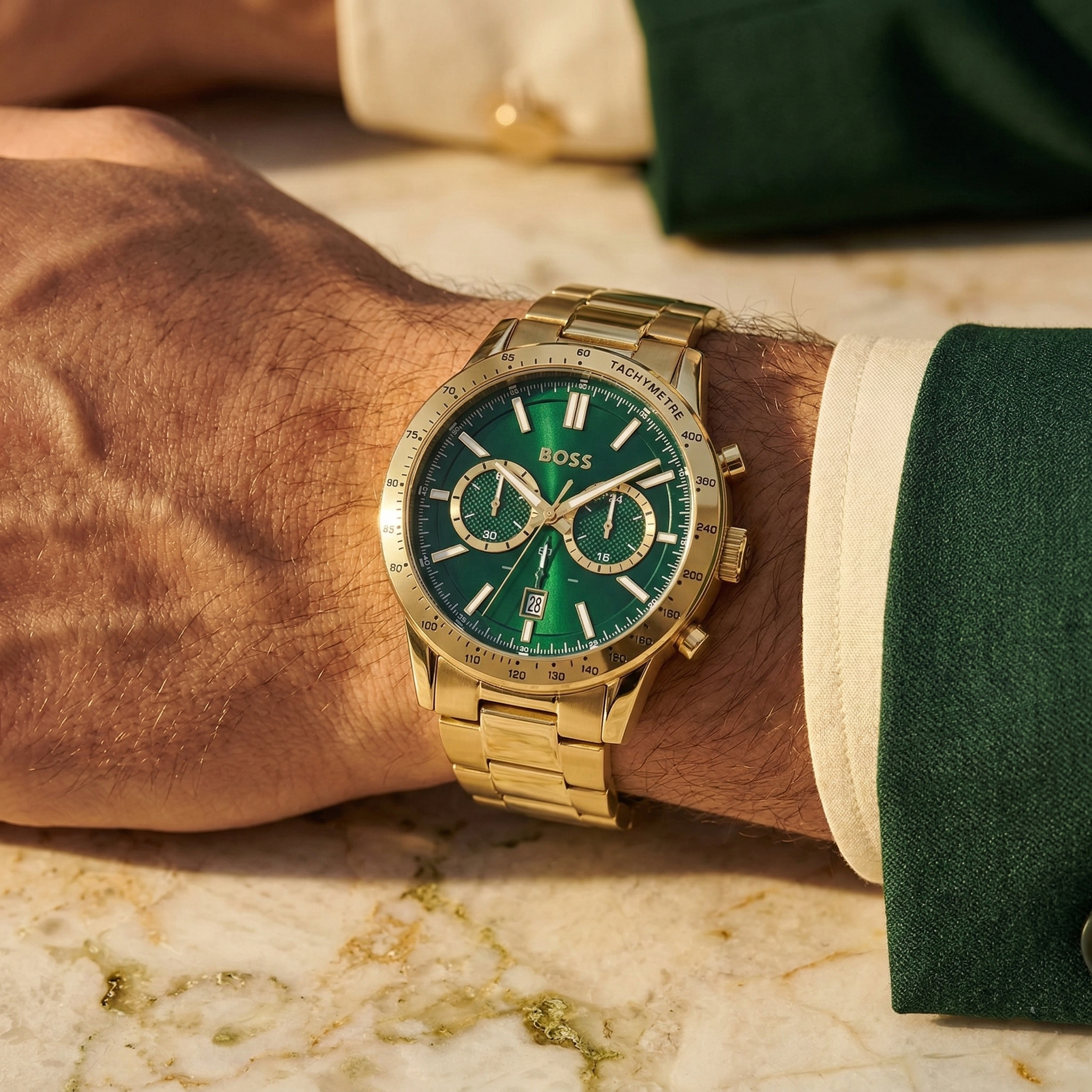 Hugo Boss Allure 1513923 44mm Men’s Chronograph Watch – Green Dial & Gold-tone Stainless Steel Link Bracelet
