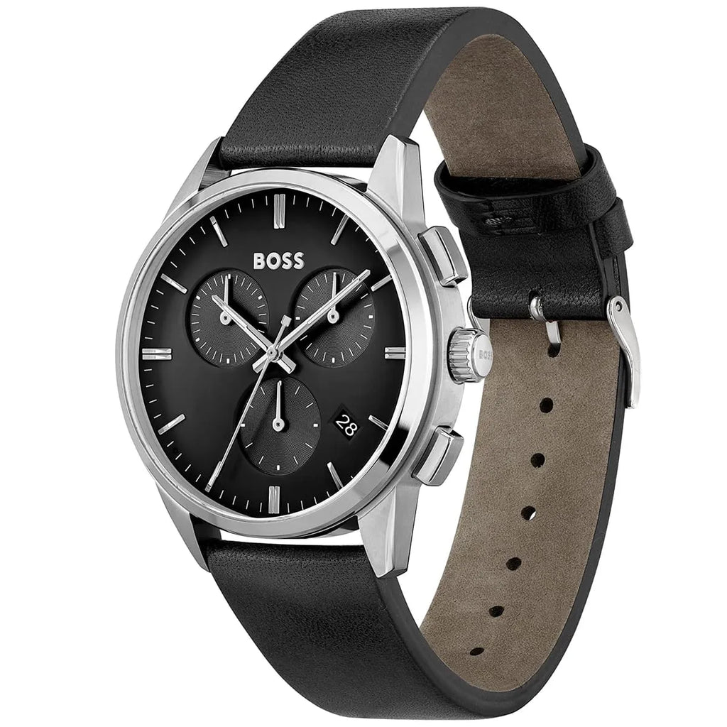 Hugo Boss Dapper 1513925 43mm Men’s Chronograph Watch – Black Dial & Black Genuine Leather Strap