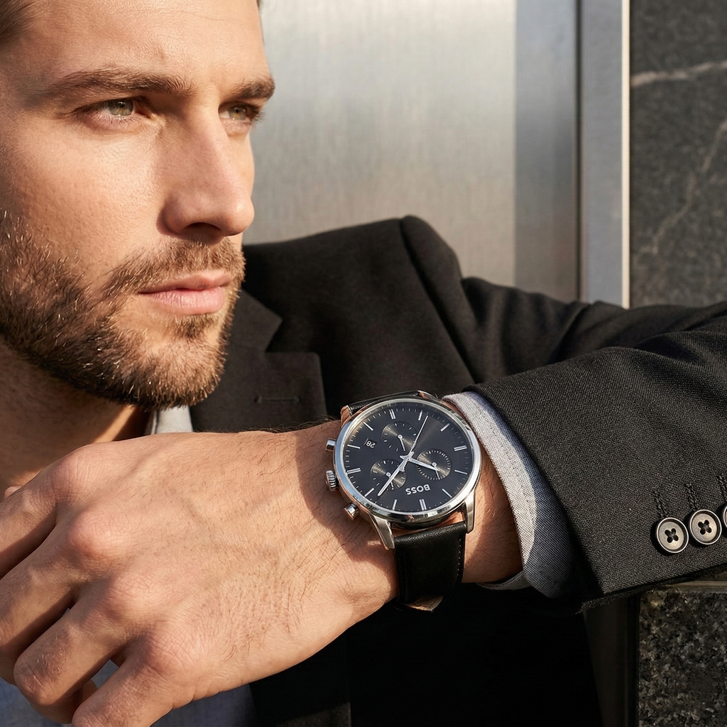 Hugo Boss Dapper 1513925 43mm Men’s Chronograph Watch – Black Dial & Black Genuine Leather Strap