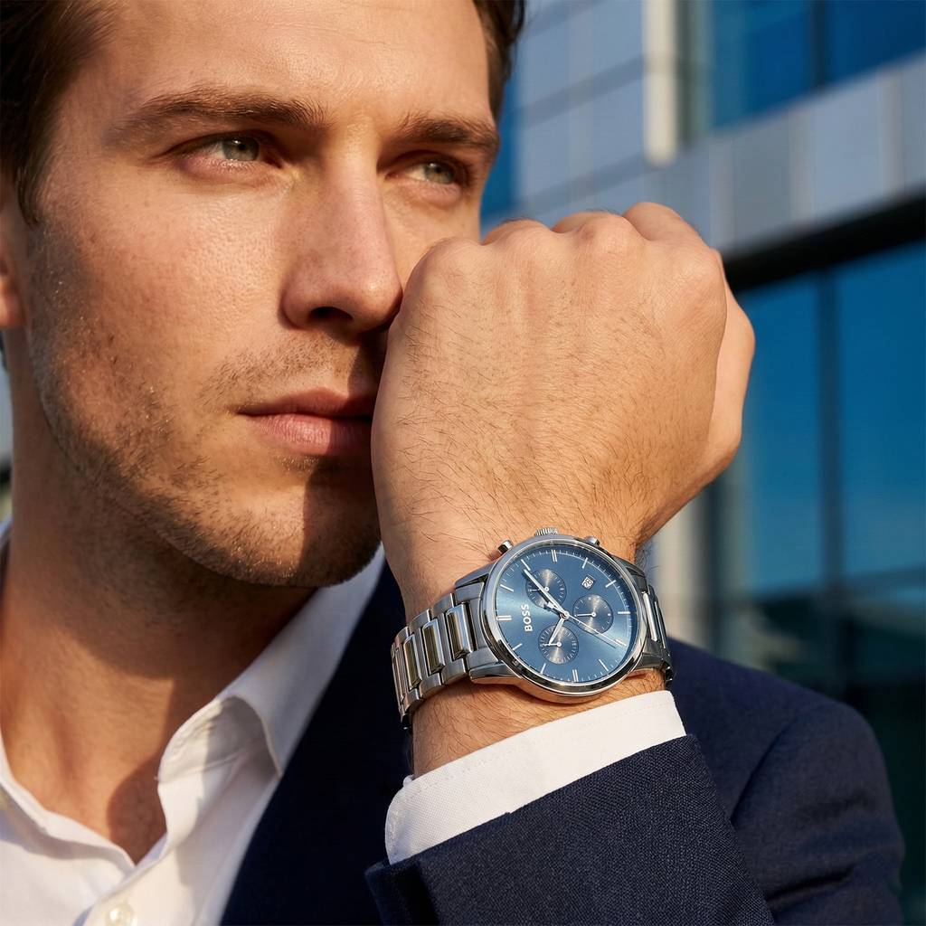 Hugo Boss Dapper 1513927 43mm Men’s Quartz Watch – Blue Dial & Silver-tone Stainless Steel Link Bracelet