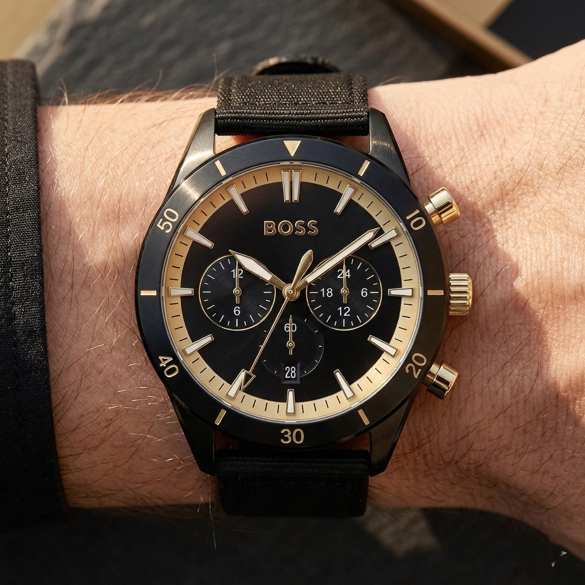 Hugo Boss Santiago 1513935 44mm Men’s Chronograph Watch – Black Dial & Black Synthetic Fiber Strap