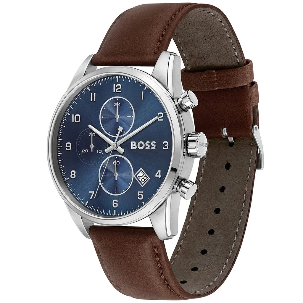 Hugo Boss Skymaster 1513940 44mm Men’s Chronograph Watch – Blue Dial & Brown Genuine Leather Strap